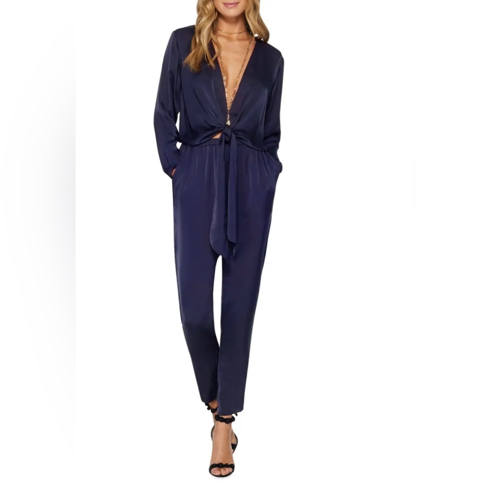 Ramy Brook Blue V Neck Long Sleeve Jumpsuit Size S Tie Waist Tapered Leg